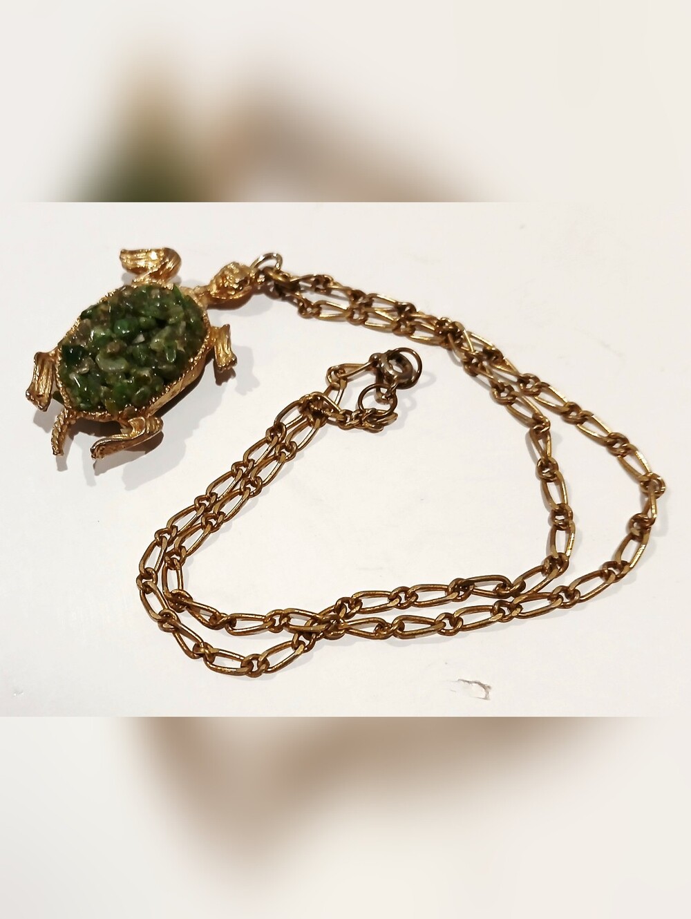 Goldtone Turtle Pendant Necklace with Green Stone Mosaic - Pets Reptile Inspired - Picture 3 of 7